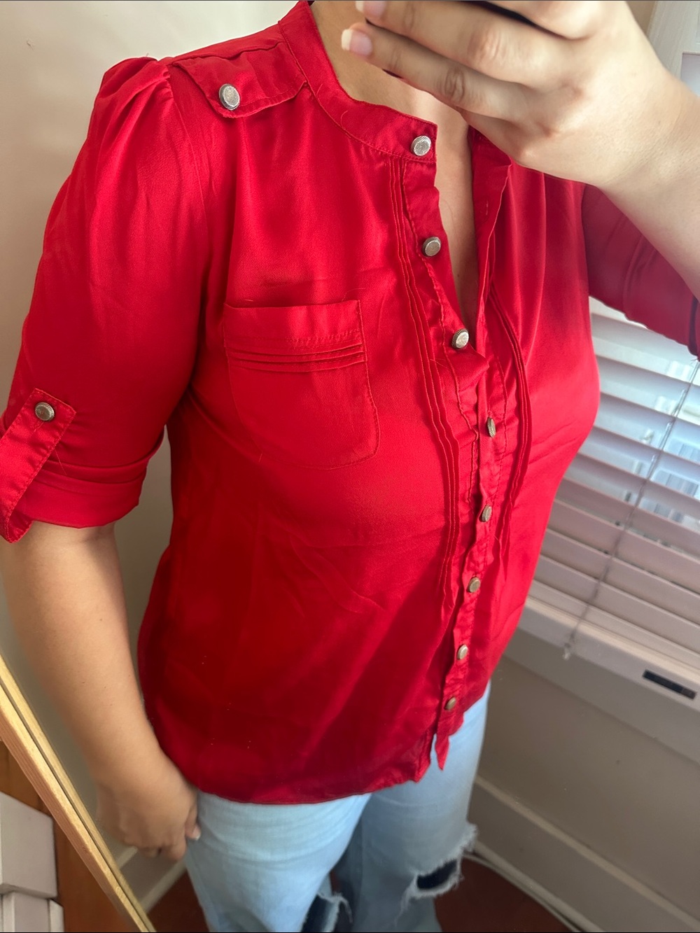 Red Gold Detail Button-Front Blouse Mandarin Collar Chest Pocket Shoulder Tab